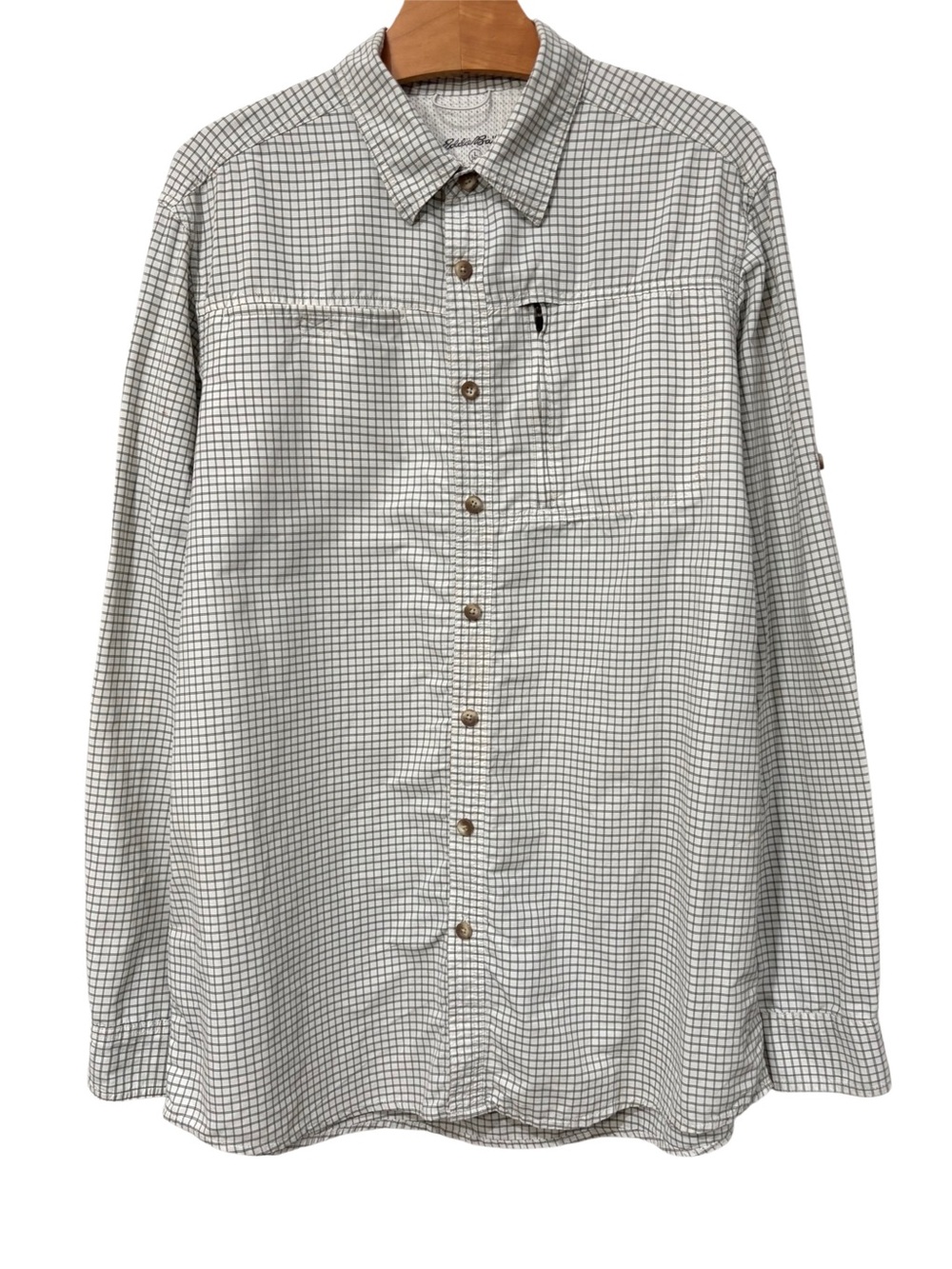 Eddie Bauer Tall Large Button Down Shirt White Gray Plaid